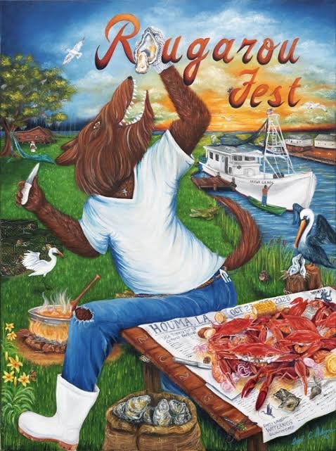 Official Rougarou Fest 2026 poster — the Rougarou at a crawfish boil